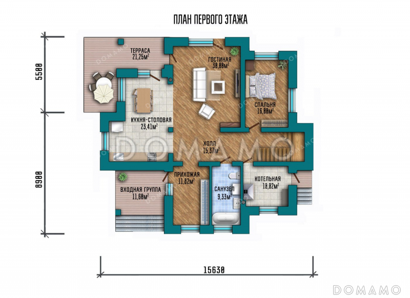 Проект одноэтажного дома с мансардой и террасой / План 1 этажа