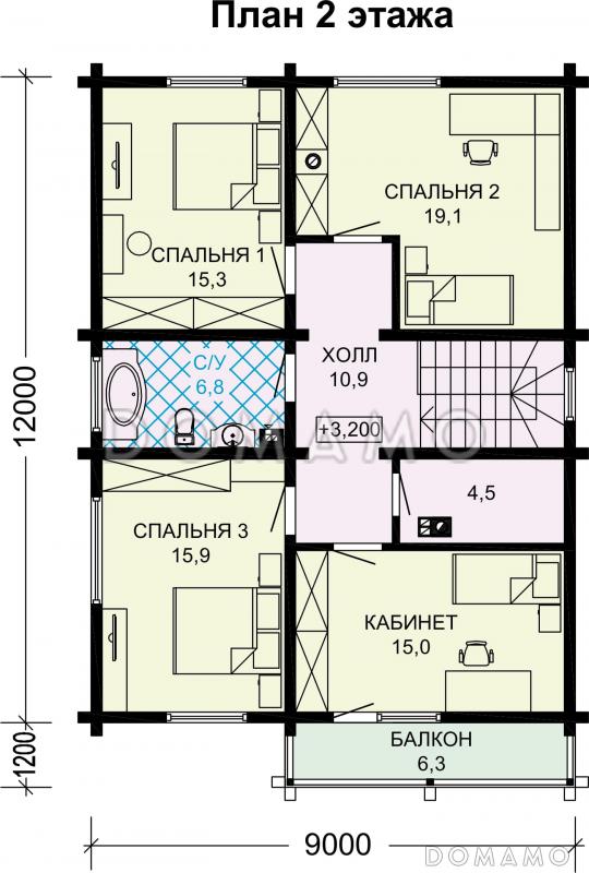Проект дома из бруса с 4 спальнями и кабинетом с балконом / План 2 этажа