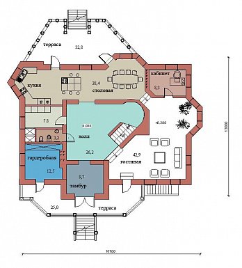 Проект двухэтажного дома с цоколем и мансардой, с сауной, бассейном и вторым светом  / План 1 этажа Проект двухэтажного дома с цоколем и мансардой, с сауной, бассейном и вторым светом  / План 1 этажа