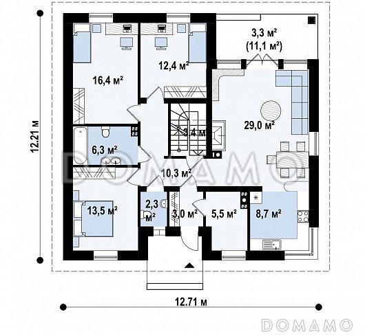 Проект загородного дома с угловым окном на кухне, камином в гостиной, террасой, подвалом / План 1 этажа