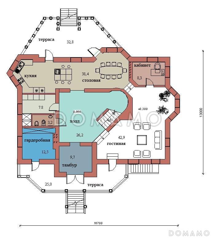 Проект двухэтажного дома с цоколем и мансардой, с сауной, бассейном и вторым светом  / План 1 этажа