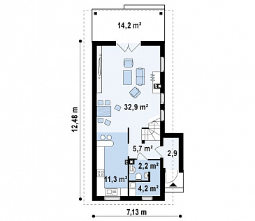 Проект компактного двухэтажного дома из кирпича для строительства на очень узком участке / План 1 этажа Проект компактного двухэтажного дома из кирпича для строительства на очень узком участке / План 1 этажа