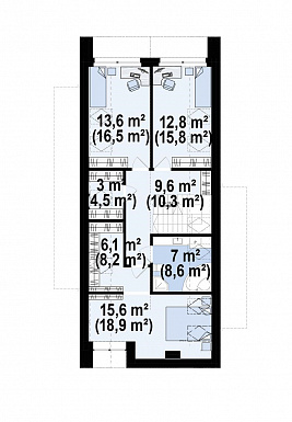 Проект загородного дома с комнатой и гардеробом на первом этаже, тремя спальнями на мансарде, просторной обеденной зоной / План мансардного этажа Проект загородного дома с комнатой и гардеробом на первом этаже, тремя спальнями на мансарде, просторной обеденной зоной / План мансардного этажа