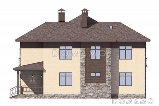 Проект дома с крытой террасой, кладовой под лестницей, гостевой на первом этаже, хозяйской спальней на втором этаже / Фасад 4