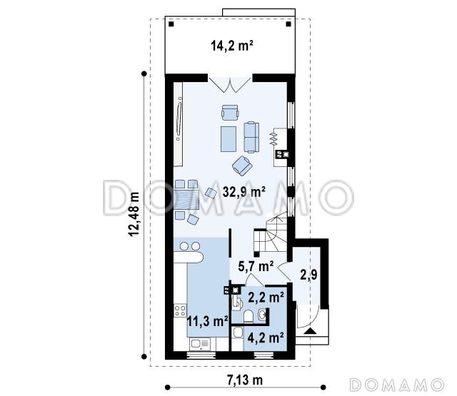 Проект компактного двухэтажного дома из кирпича для строительства на очень узком участке / План 1 этажа