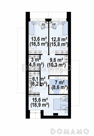 Проект загородного дома с комнатой и гардеробом на первом этаже, тремя спальнями на мансарде, просторной обеденной зоной / План мансардного этажа Проект загородного дома с комнатой и гардеробом на первом этаже, тремя спальнями на мансарде, просторной обеденной зоной / План мансардного этажа