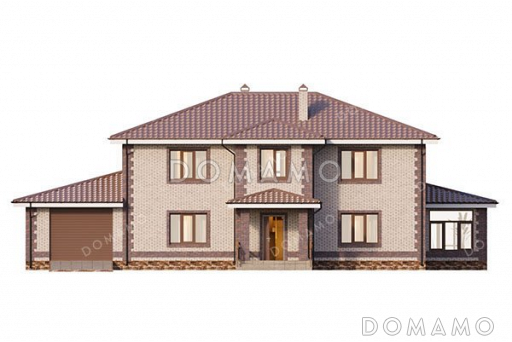 Проект дома с просторной верандой и гаражом / Фасад 1