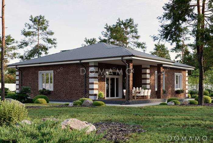 Проект одноэтажного дома в классическом стиле с угловой террасой, большой кухней-гостиной и четырьмя спальнями Проект одноэтажного дома в классическом стиле с угловой террасой, большой кухней-гостиной и четырьмя спальнями