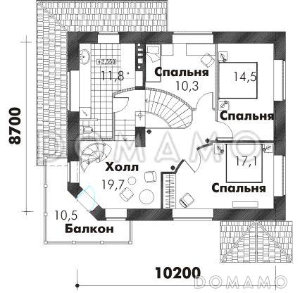 Проект трехэтажного дома из пеноблоков с просторной гостиной, балконом и кабинетом на третьем этаже / План 2 этажа