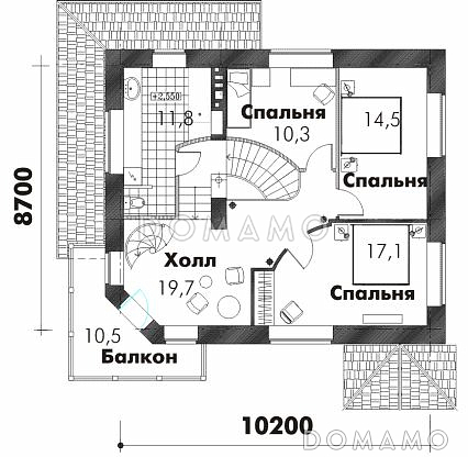 Проект трехэтажного дома из пеноблоков с просторной гостиной, балконом и кабинетом на третьем этаже / План 2 этажа Проект трехэтажного дома из пеноблоков с просторной гостиной, балконом и кабинетом на третьем этаже / План 2 этажа