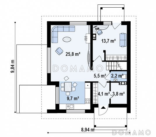 Проект одноэтажного дома с высоким мансардным этажом из газобетона с кабинетом и угловым балконом / План 1 этажа Проект одноэтажного дома с высоким мансардным этажом из газобетона с кабинетом и угловым балконом / План 1 этажа