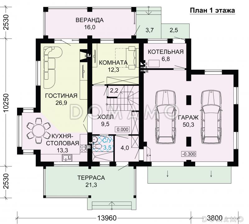 Проект дома из газобетона со светлой верандой / План 1 этажа