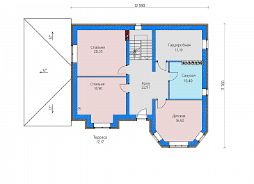 Проект загородного дома с террасами, детской и гостевой с эркером, сауной, просторной гардеробной на втором этаже  / План 2 этажа