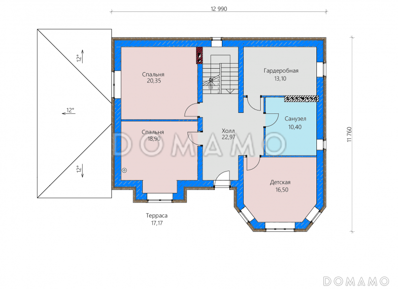 Проект загородного дома с террасами, детской и гостевой с эркером, сауной, просторной гардеробной на втором этаже  / План 2 этажа