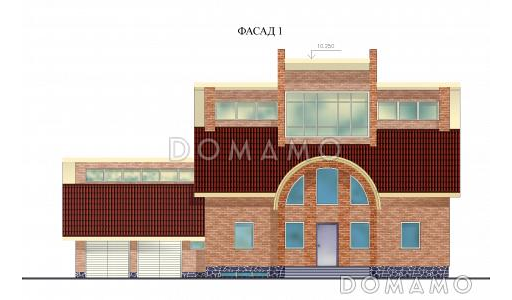 Проект одноэтажного дома с мансардой, цоколем и чердаком, со стеклянным эркером / Фасад 1