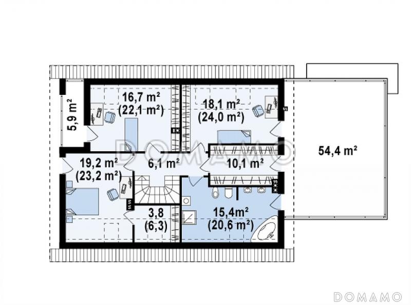 Проект просторного одноэтажного дома с мансардным этажом из газобетона со встроенным гаражом и большой террасой над ним / План мансардного этажа