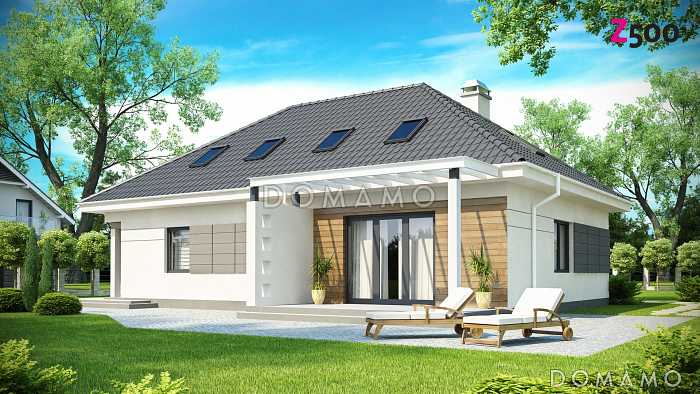 Проект одноэтажного мансардного дома из кирпича с гостевой спальней и кабинетом на первом этаже и встроенным гаражом