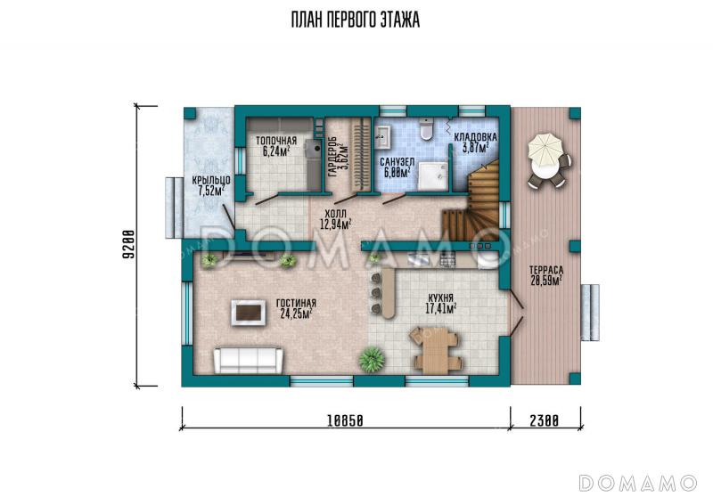 Проект двухэтажного коттеджа с 3 спальнями, просторной кухней-гостиной и крытой террасой / План 1 этажа