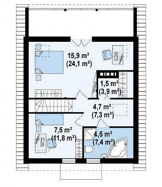 Проект компактного одноэтажного мансардного дома из кирпича с двумя спальнями, кабинетом и двумя крытыми террасами / План мансардного этажа Проект компактного одноэтажного мансардного дома из кирпича с двумя спальнями, кабинетом и двумя крытыми террасами / План мансардного этажа