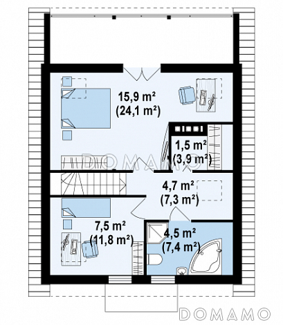 Проект компактного одноэтажного мансардного дома из кирпича с двумя спальнями, кабинетом и двумя крытыми террасами / План мансардного этажа Проект компактного одноэтажного мансардного дома из кирпича с двумя спальнями, кабинетом и двумя крытыми террасами / План мансардного этажа