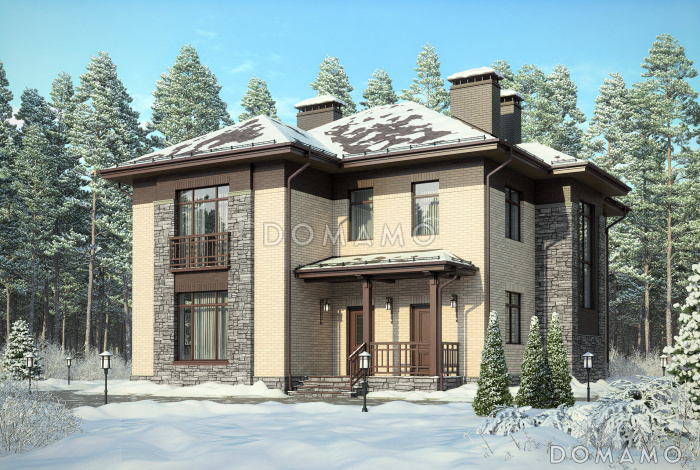 Проект дома по технологии ЛСТК с крытой террасой, кладовой под лестницей, гостевой на первом этаже, хозяйской спальней на втором этаже