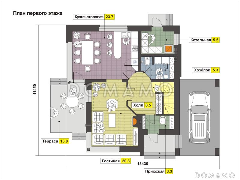 Проект частного дома с навесом для автомобиля, панорамными окнами в кузне-столовой, длинным балконом на мансардном этаже / План 1 этажа
