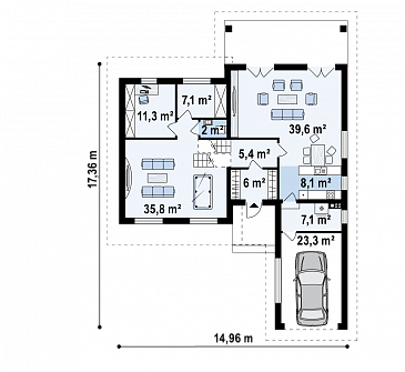 Проект необычного трёхуровневого дома из кирпича с бильярдной, тремя спальнями и гаражом / План 1 этажа