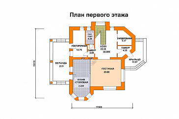 Проект кирпичного дома с многощипцовой крышей / План 1 этажа Проект кирпичного дома с многощипцовой крышей / План 1 этажа