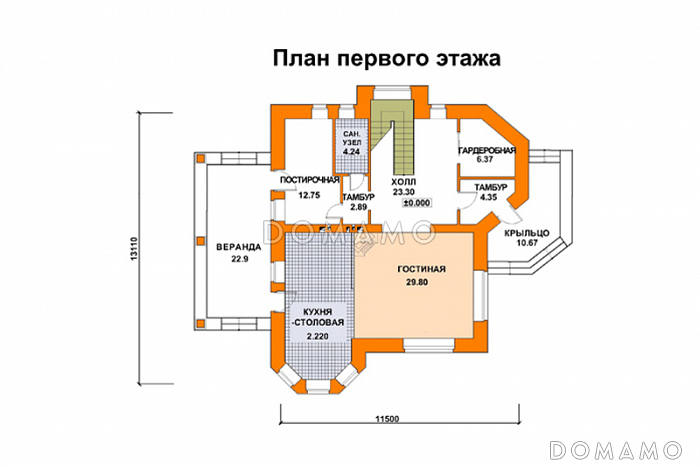 Проект кирпичного дома с многощипцовой крышей / План 1 этажа Проект кирпичного дома с многощипцовой крышей / План 1 этажа