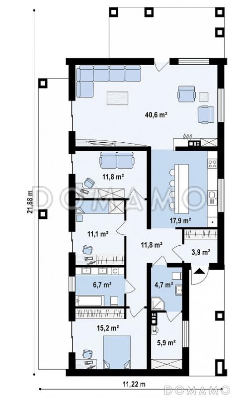 Проект одноэтажного дома необычной планировки из кирпича с двумя спальнями и кабинетом / План 1 этажа