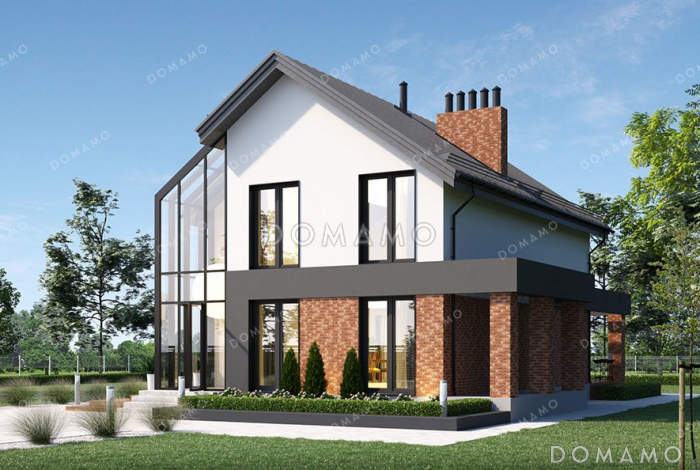 Проект дома с большой террасой, эркером и выразительной застекленной частью