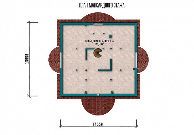 Проект двухэтажного дома с мансардой, четырьмя спальнями и балконом / План мансардного этажа