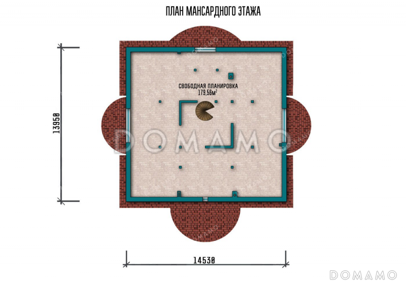 Проект двухэтажного дома с мансардой, четырьмя спальнями и балконом / План мансардного этажа