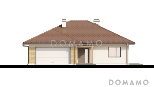 Проект одноэтажного дома из кирпича с большим гаражом и техническим помещением и частично крытой угловой террасой / Фасад 2
