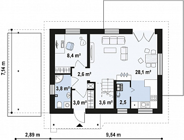 Проект одноэтажного мансардного дома из кирпича с балконом и навесом для автомобиля / План 1 этажа Проект одноэтажного мансардного дома из кирпича с балконом и навесом для автомобиля / План 1 этажа