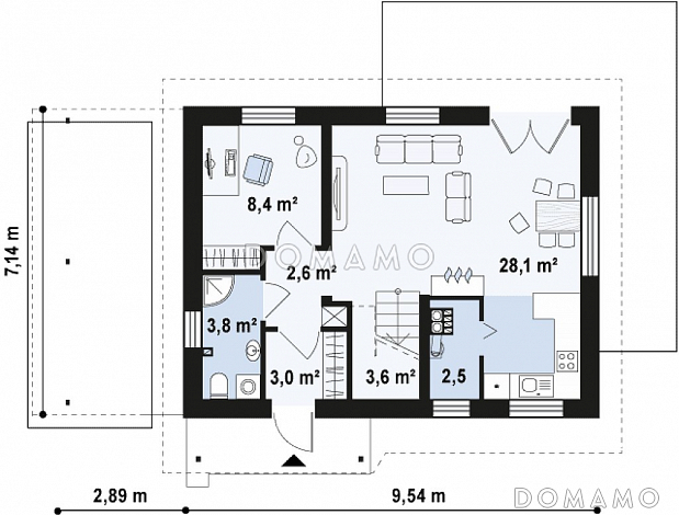 Проект одноэтажного мансардного дома из кирпича с балконом и навесом для автомобиля / План 1 этажа Проект одноэтажного мансардного дома из кирпича с балконом и навесом для автомобиля / План 1 этажа