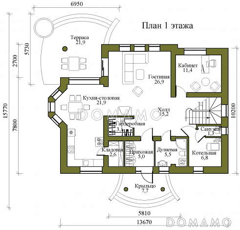 Проект двухэтажного кирпичного дома с тремя балконами, округлыми террасой и крыльцом / План 1 этажа Проект двухэтажного кирпичного дома с тремя балконами, округлыми террасой и крыльцом / План 1 этажа