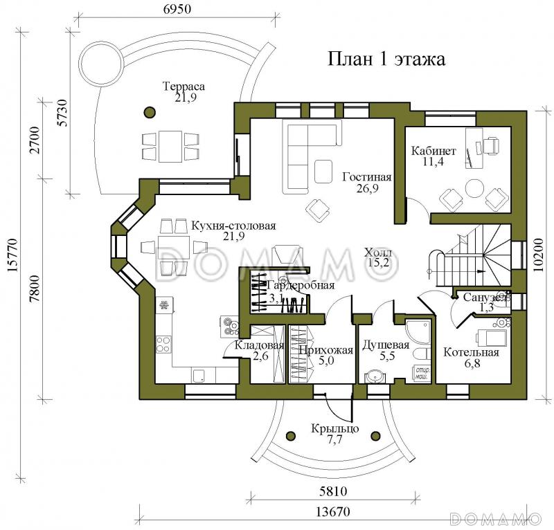 Проект двухэтажного кирпичного дома с тремя балконами, округлыми террасой и крыльцом / План 1 этажа
