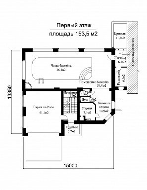 Проект бассейна с гаражом на две машины / План 1 этажа Проект бассейна с гаражом на две машины / План 1 этажа