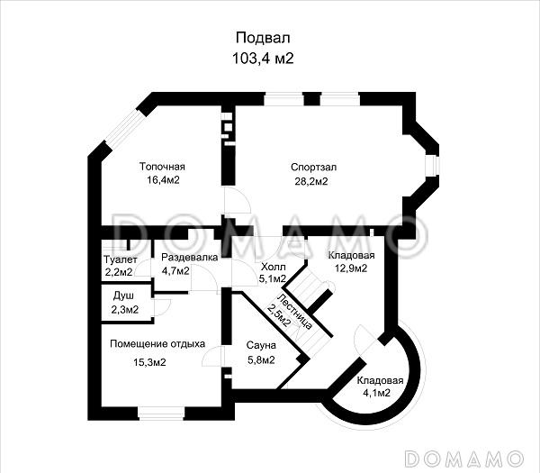 Проект коттеджа с эффектной главной лестницей, со спортзалом в подвале, и угловым крыльцом / План цокольного этажа