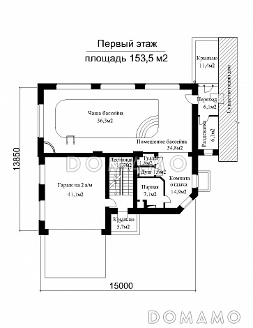 Проект бассейна с гаражом на две машины / План 1 этажа Проект бассейна с гаражом на две машины / План 1 этажа