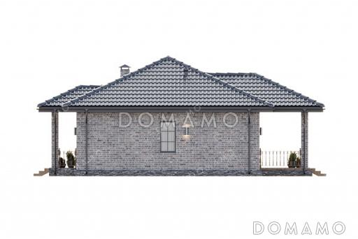 Проект одноэтажного дома с общей вальмовой кровлей над входной группой и террасой и отделкой фасада кирпичом / Фасад 1