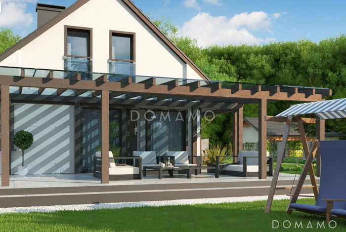 Проект компактного одноэтажного мансардного дома из кирпича с дополнительной спальней на первом этаже и большой крытой террасой