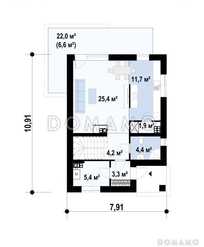 Проект двухэтажного дома с террасой, подвалом, кухней с кладовой, санузлом с душем на первом этаже / План 1 этажа