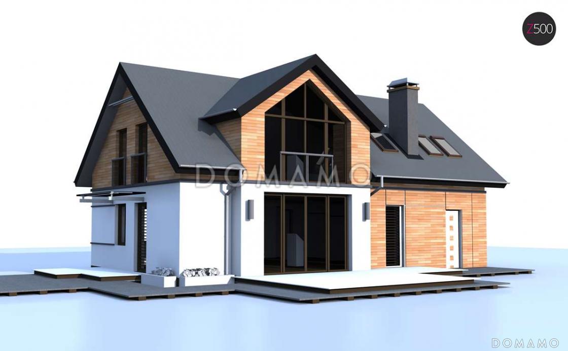 Проект увеличенного одноэтажного мансардного дома из газобетона с гаражом и большим фронтонным окном / 2