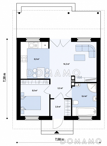 Проект маленького одноэтажного дома из кирпича с просторной крытой террасой / План 1 этажа Проект маленького одноэтажного дома из кирпича с просторной крытой террасой / План 1 этажа
