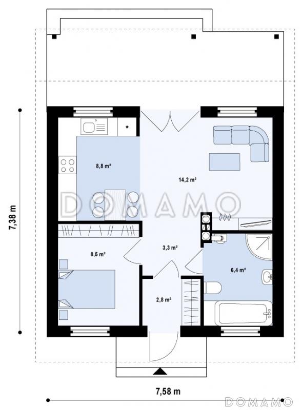 Проект маленького одноэтажного дома из кирпича с просторной крытой террасой / План 1 этажа