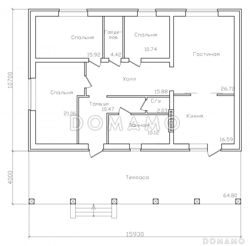 Проект одноэтажного дома с большой террасой / План #1