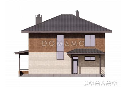 Проект двухэтажного кирпичного дома с мастер-спальней, гостевой внизу и террасой / Фасад 1