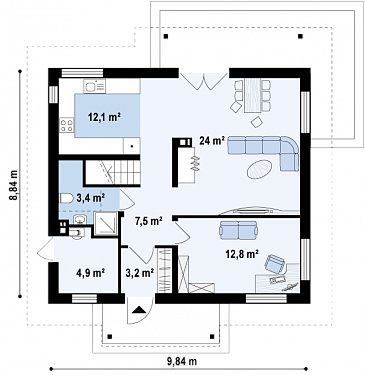 Проект компактного мансардного дома из газобетона с угловой террасой и окнами с французским балконом / План 1 этажа Проект компактного мансардного дома из газобетона с угловой террасой и окнами с французским балконом / План 1 этажа